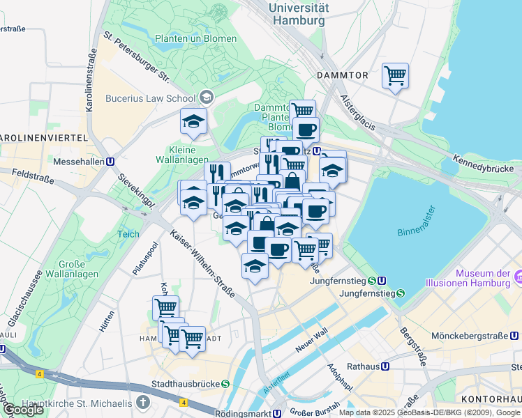 map of restaurants, bars, coffee shops, grocery stores, and more near 90 Valentinskamp in Hamburg