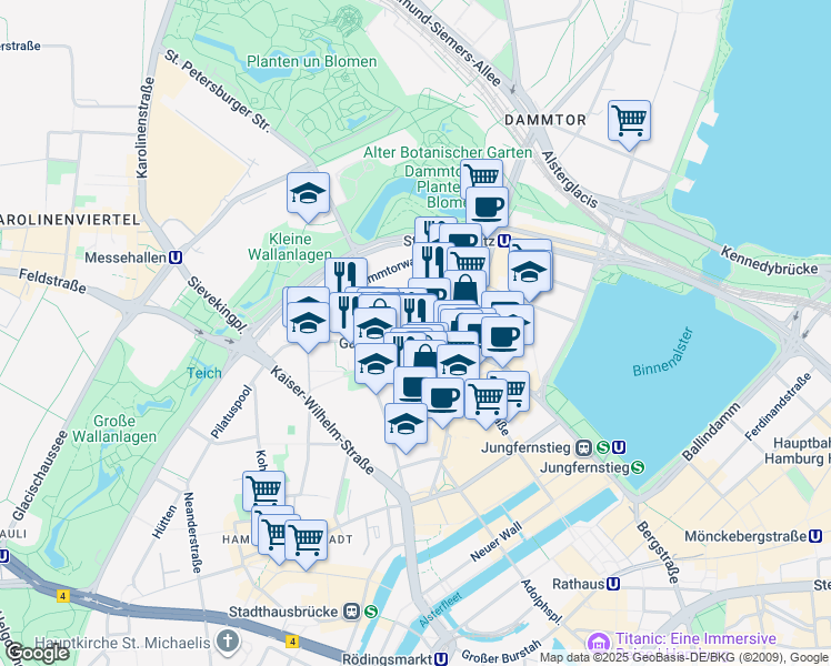 map of restaurants, bars, coffee shops, grocery stores, and more near 90 Valentinskamp in Hamburg