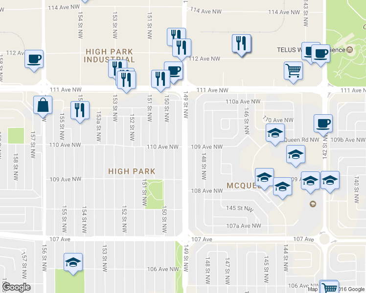 map of restaurants, bars, coffee shops, grocery stores, and more near 14908 110 Avenue Northwest in Edmonton