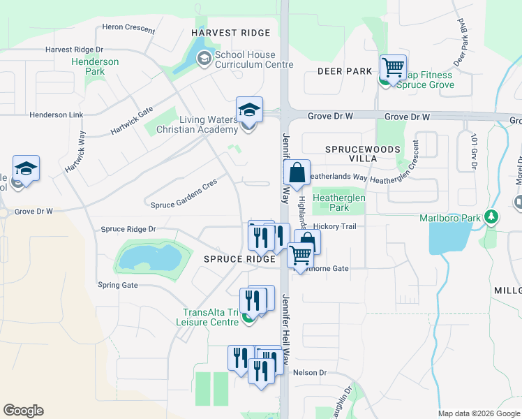 map of restaurants, bars, coffee shops, grocery stores, and more near 300 Spruce Ridge Road in Spruce Grove