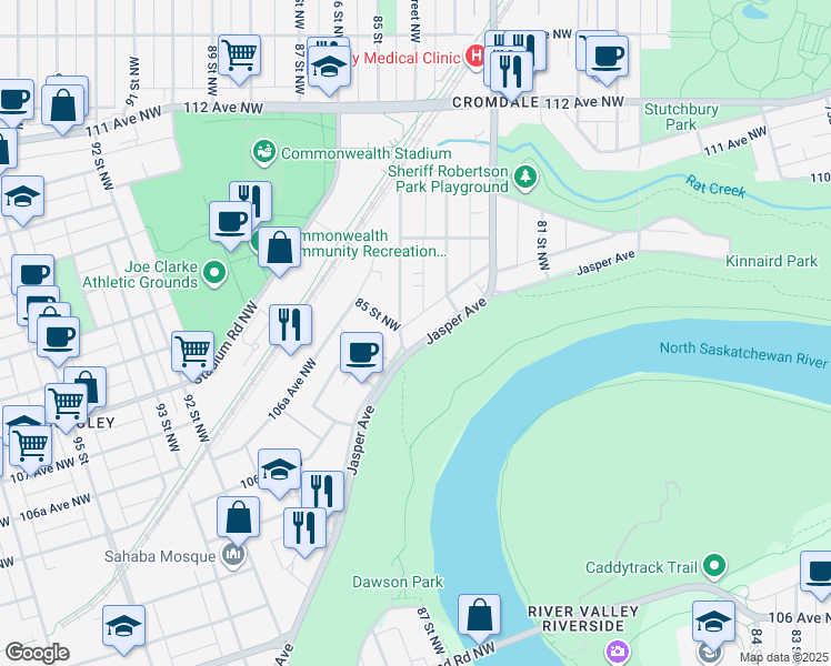 map of restaurants, bars, coffee shops, grocery stores, and more near in Edmonton