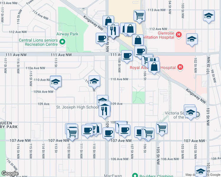 map of restaurants, bars, coffee shops, grocery stores, and more near 10949 109 Street Northwest in Edmonton
