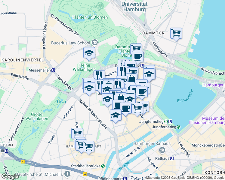 map of restaurants, bars, coffee shops, grocery stores, and more near 90 Valentinskamp in Hamburg