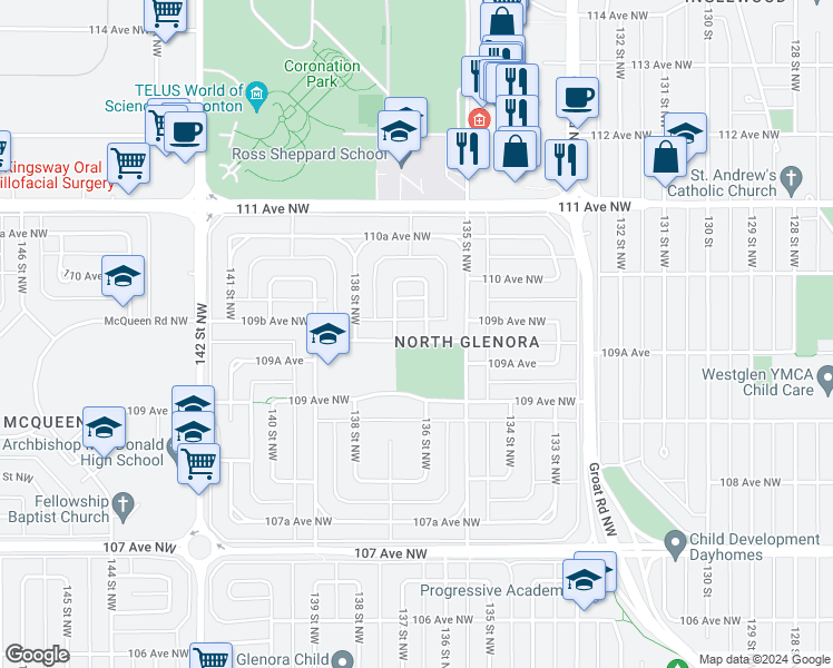 map of restaurants, bars, coffee shops, grocery stores, and more near 13608 109A Avenue in Edmonton