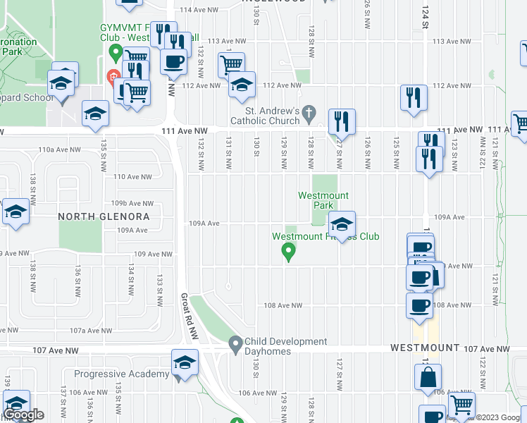 map of restaurants, bars, coffee shops, grocery stores, and more near 10963 130 Street Northwest in Edmonton