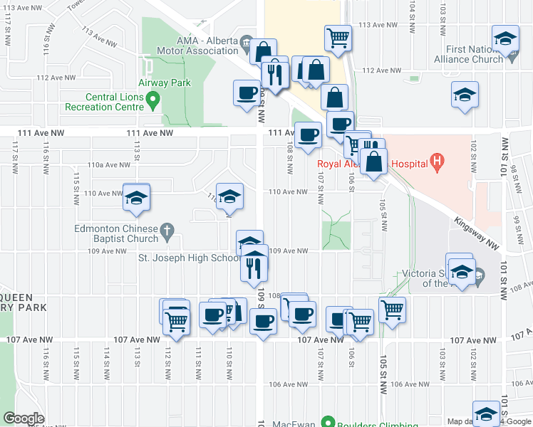map of restaurants, bars, coffee shops, grocery stores, and more near 10949 109 Street Northwest in Edmonton