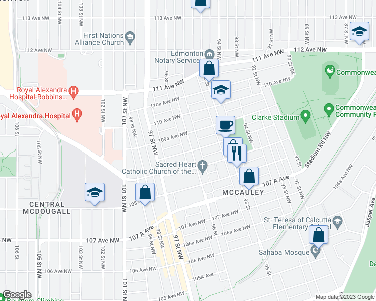 map of restaurants, bars, coffee shops, grocery stores, and more near 10902 96 Street in Edmonton