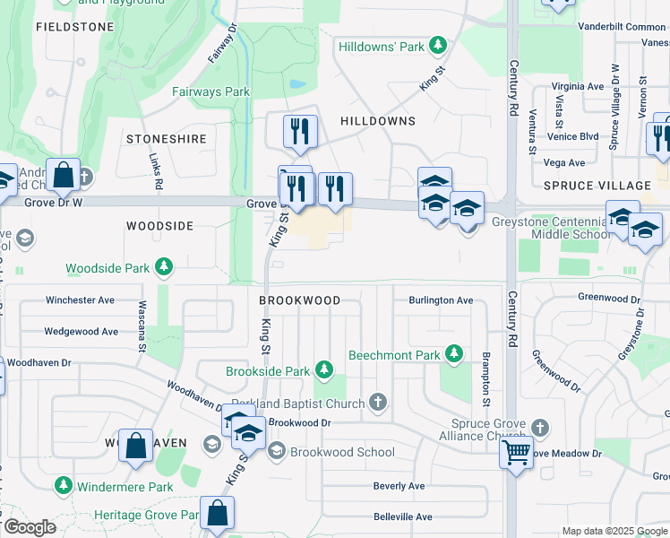 map of restaurants, bars, coffee shops, grocery stores, and more near 610 King Street in Spruce Grove