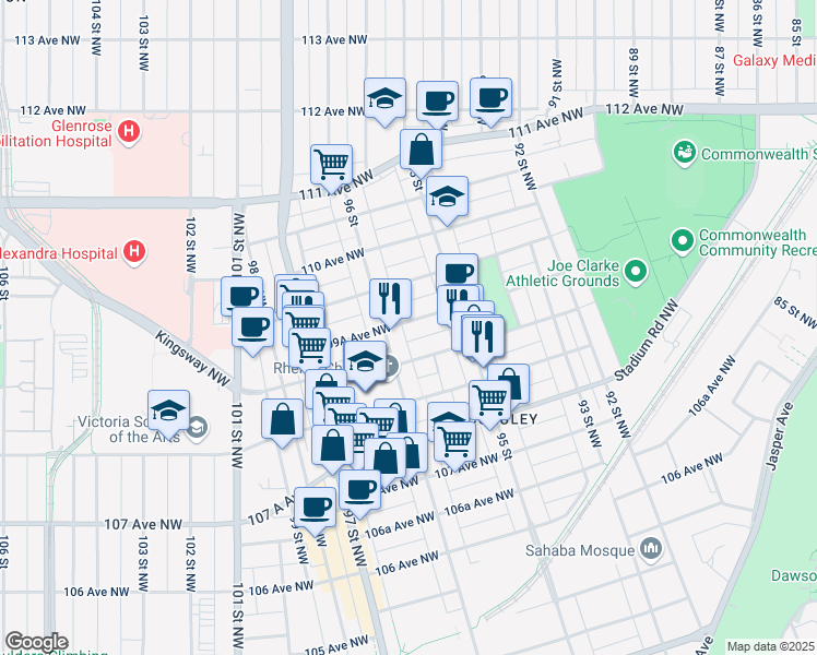 map of restaurants, bars, coffee shops, grocery stores, and more near 9541 109 Avenue Northwest in Edmonton