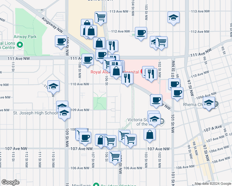 map of restaurants, bars, coffee shops, grocery stores, and more near 10945 106 Street in Edmonton