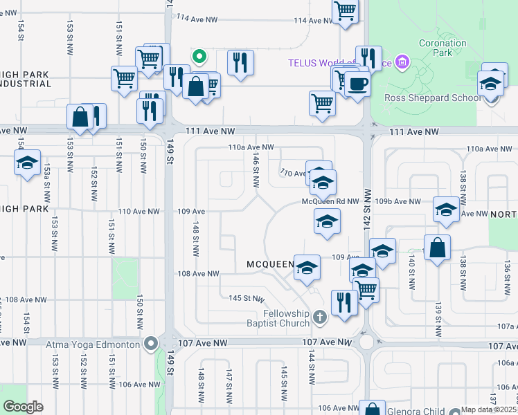map of restaurants, bars, coffee shops, grocery stores, and more near 14611 109 Avenue Northwest in Edmonton