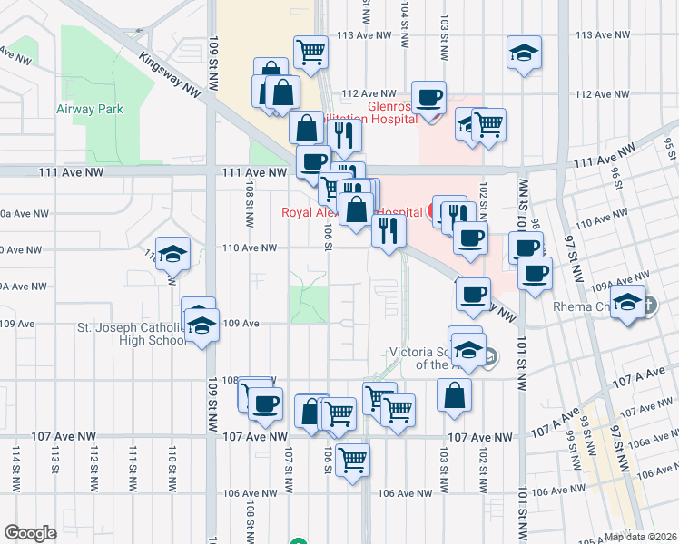 map of restaurants, bars, coffee shops, grocery stores, and more near 10945 106 Street in Edmonton