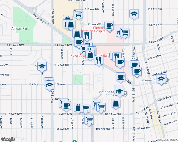 map of restaurants, bars, coffee shops, grocery stores, and more near 10940 105 Street Northwest in Edmonton