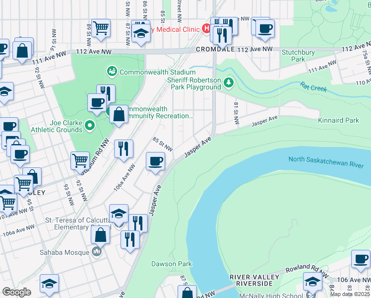 map of restaurants, bars, coffee shops, grocery stores, and more near in Edmonton