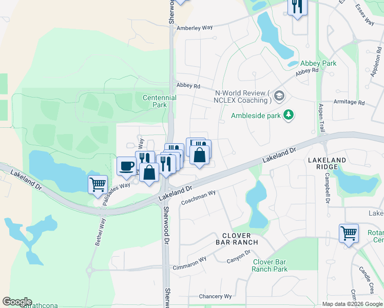 map of restaurants, bars, coffee shops, grocery stores, and more near 4 Augustine Crescent in Sherwood Park
