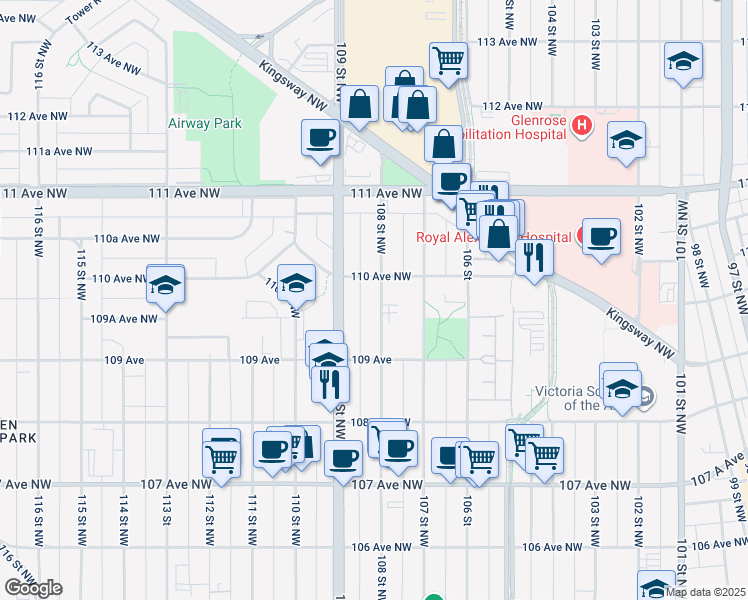 map of restaurants, bars, coffee shops, grocery stores, and more near 10952 108 Street Northwest in Edmonton