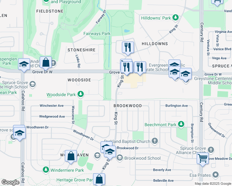 map of restaurants, bars, coffee shops, grocery stores, and more near 602-614 King Street in Spruce Grove
