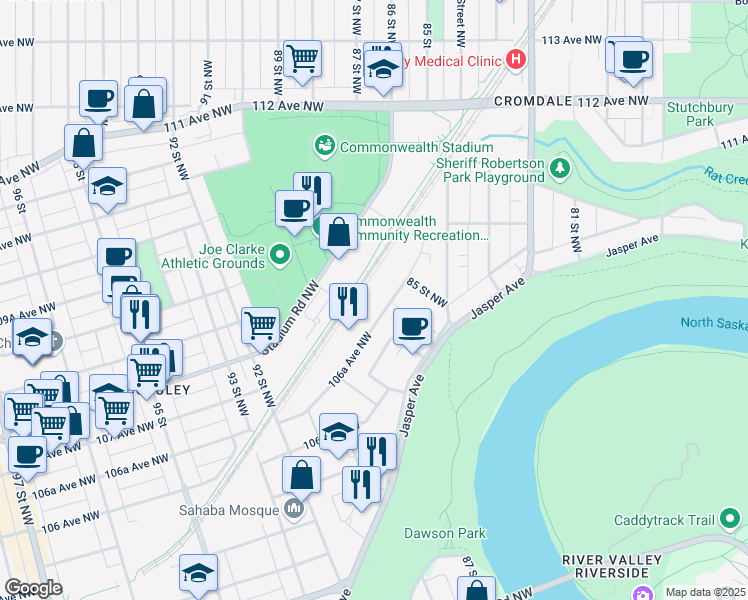map of restaurants, bars, coffee shops, grocery stores, and more near 8520 106A Avenue Northwest in Edmonton