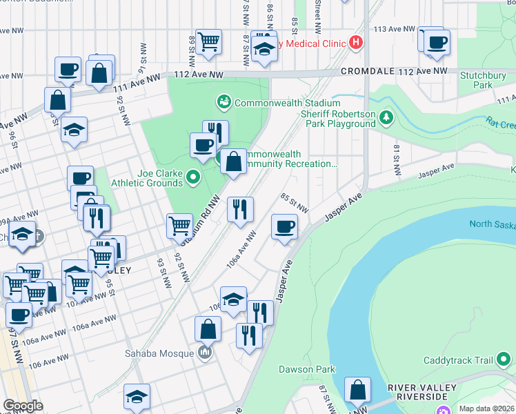 map of restaurants, bars, coffee shops, grocery stores, and more near 8520 106A Avenue Northwest in Edmonton