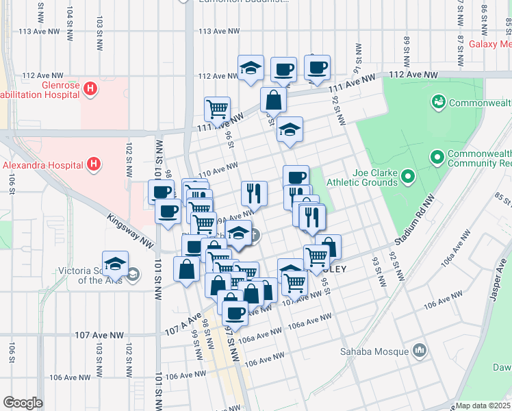 map of restaurants, bars, coffee shops, grocery stores, and more near 9541 109 Avenue Northwest in Edmonton