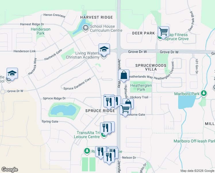 map of restaurants, bars, coffee shops, grocery stores, and more near 300 Spruce Ridge Road in Spruce Grove