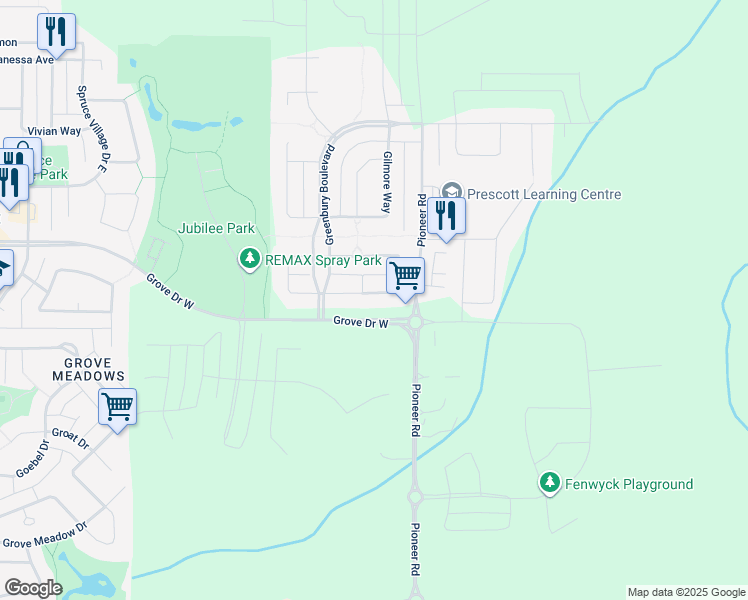 map of restaurants, bars, coffee shops, grocery stores, and more near 33 Greenbury Close in Spruce Grove