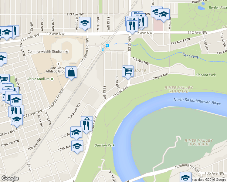 map of restaurants, bars, coffee shops, grocery stores, and more near 8310 Jasper Avenue in Edmonton