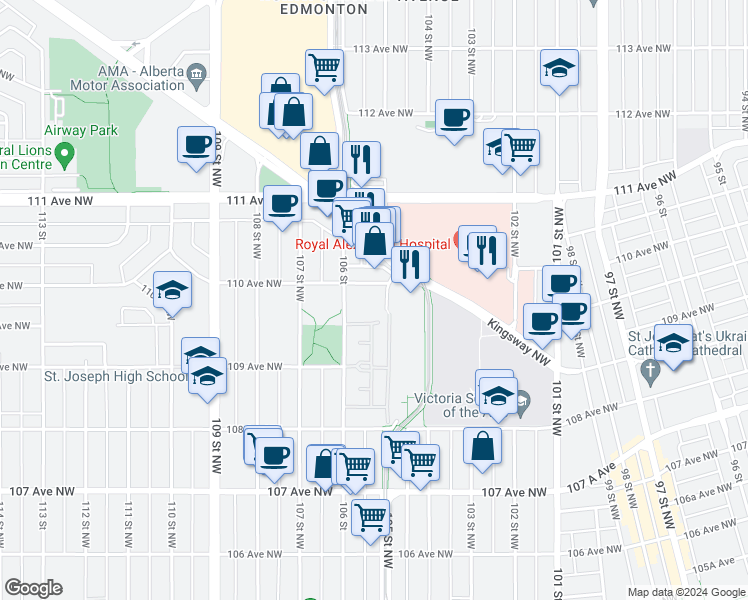 map of restaurants, bars, coffee shops, grocery stores, and more near 10945 106 Street in Edmonton