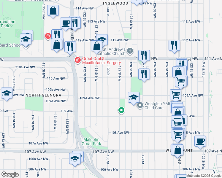 map of restaurants, bars, coffee shops, grocery stores, and more near 10963 130 Street Northwest in Edmonton