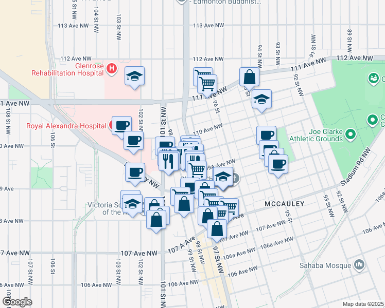 map of restaurants, bars, coffee shops, grocery stores, and more near 97 Street Northwest in Edmonton