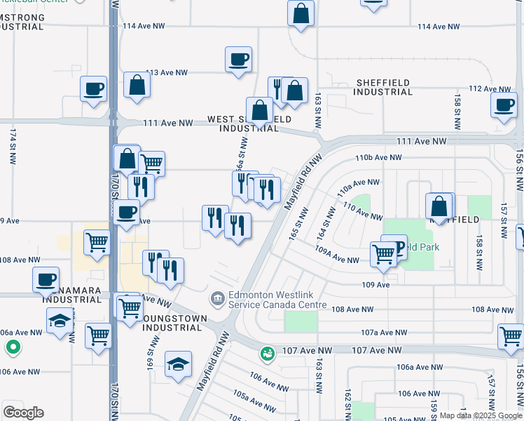 map of restaurants, bars, coffee shops, grocery stores, and more near 16618 109 Avenue Northwest in Edmonton