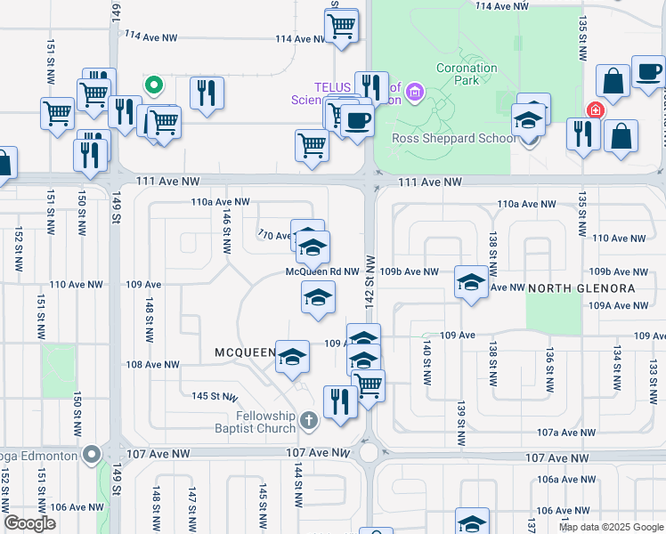 map of restaurants, bars, coffee shops, grocery stores, and more near 14224 McQueen Road Northwest in Edmonton