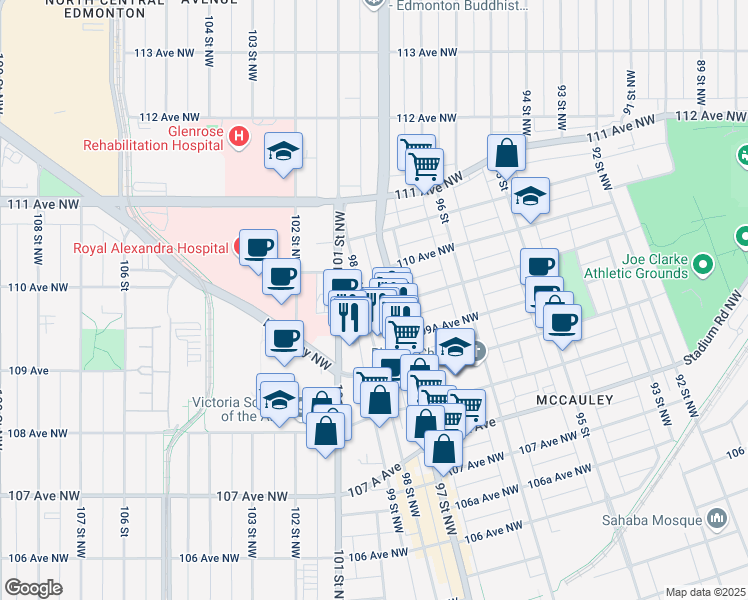 map of restaurants, bars, coffee shops, grocery stores, and more near in Edmonton