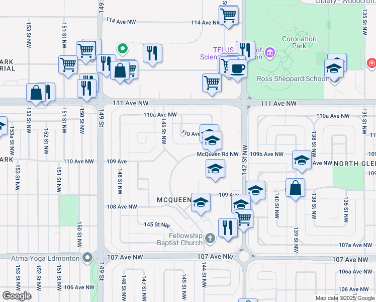 map of restaurants, bars, coffee shops, grocery stores, and more near in Edmonton