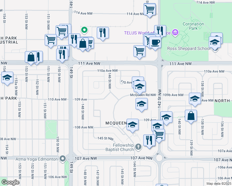 map of restaurants, bars, coffee shops, grocery stores, and more near 14611 109 Avenue Northwest in Edmonton