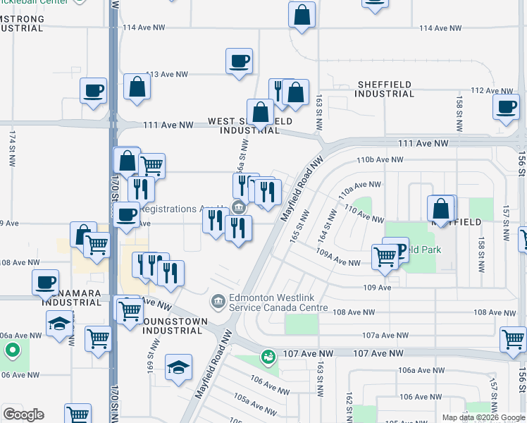 map of restaurants, bars, coffee shops, grocery stores, and more near 16604 109 Avenue Northwest in Edmonton