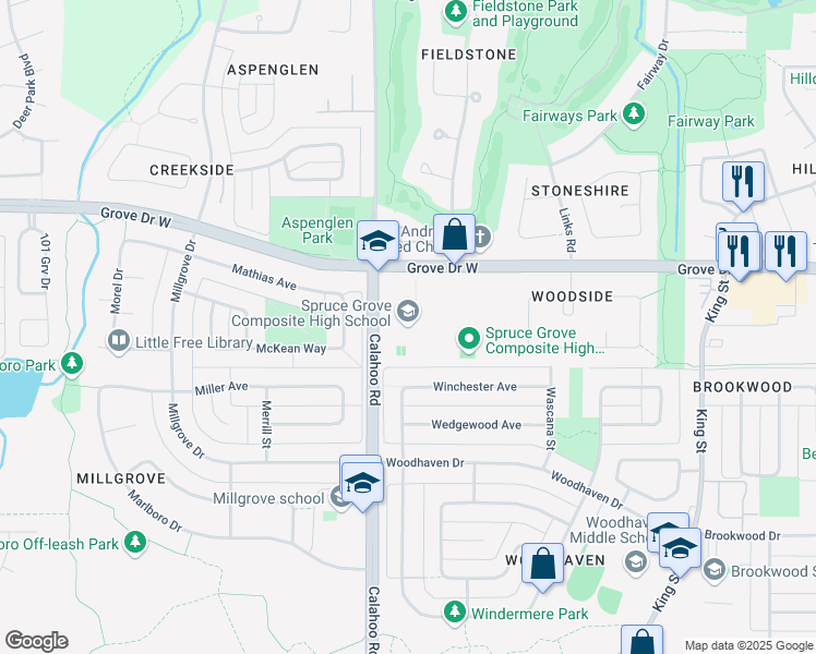 map of restaurants, bars, coffee shops, grocery stores, and more near 1000 Calahoo Road in Spruce Grove