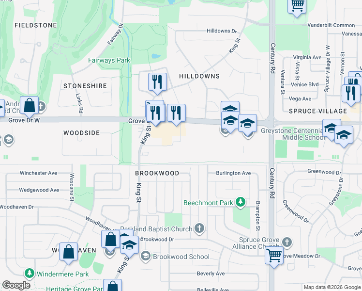map of restaurants, bars, coffee shops, grocery stores, and more near 610 King Street in Spruce Grove