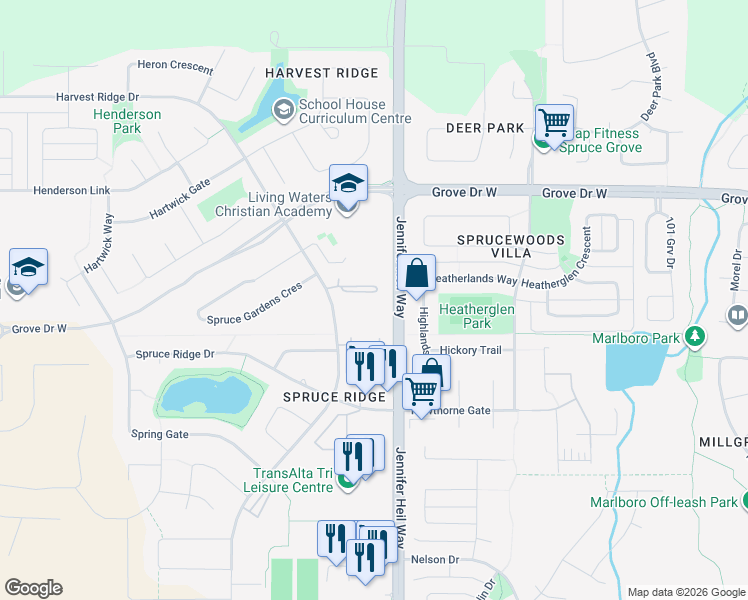 map of restaurants, bars, coffee shops, grocery stores, and more near 320 Spruce Ridge Road in Spruce Grove
