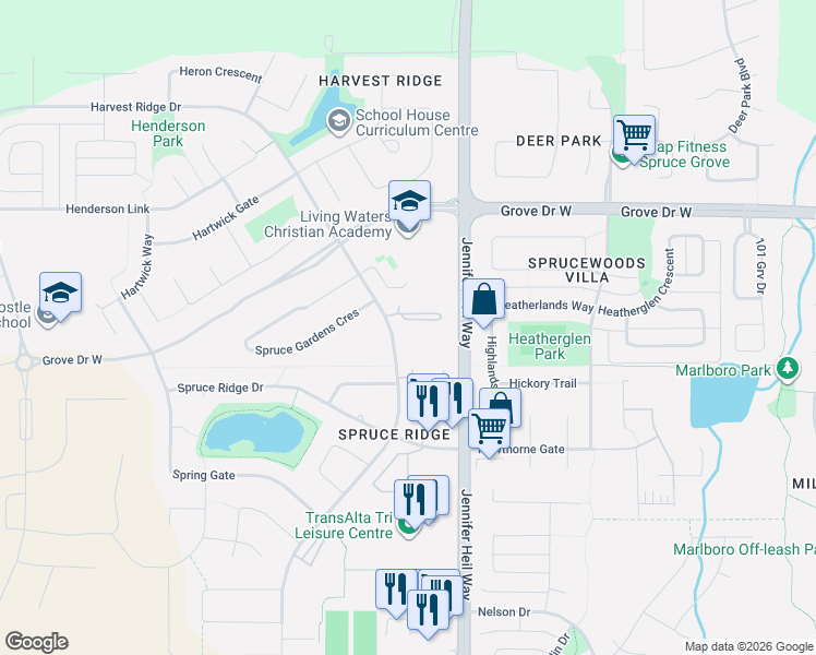 map of restaurants, bars, coffee shops, grocery stores, and more near 300 Spruce Ridge Road in Spruce Grove