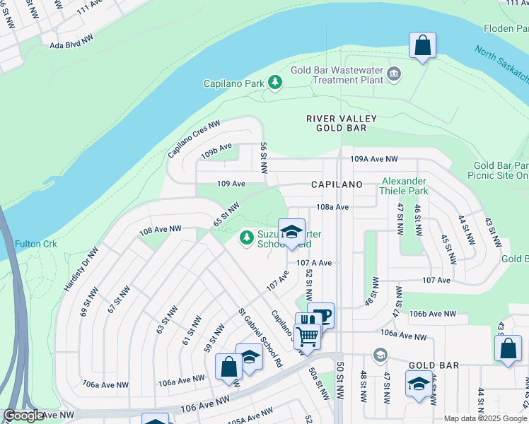 map of restaurants, bars, coffee shops, grocery stores, and more near 10810 54 Street Northwest in Edmonton