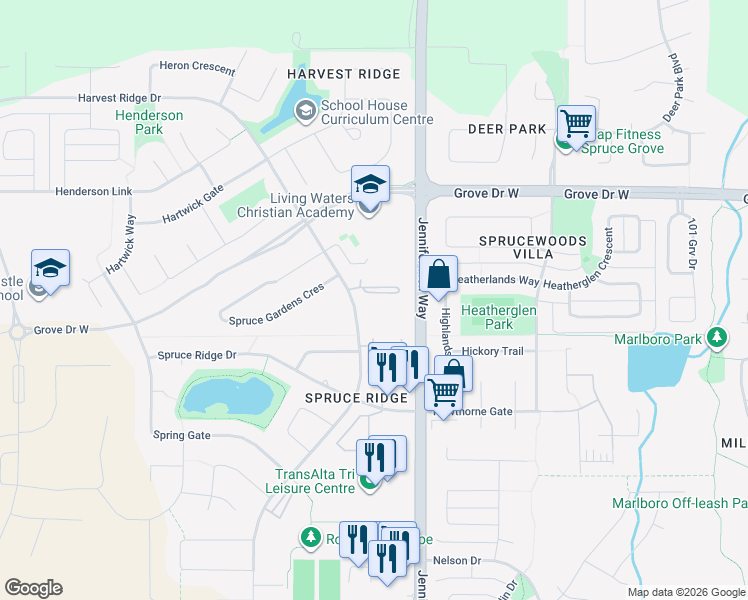 map of restaurants, bars, coffee shops, grocery stores, and more near 300 Spruce Ridge Road in Spruce Grove