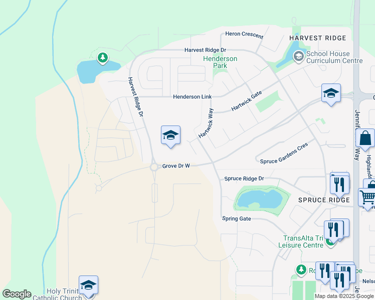 map of restaurants, bars, coffee shops, grocery stores, and more near 34 Hartwick Manor in Spruce Grove