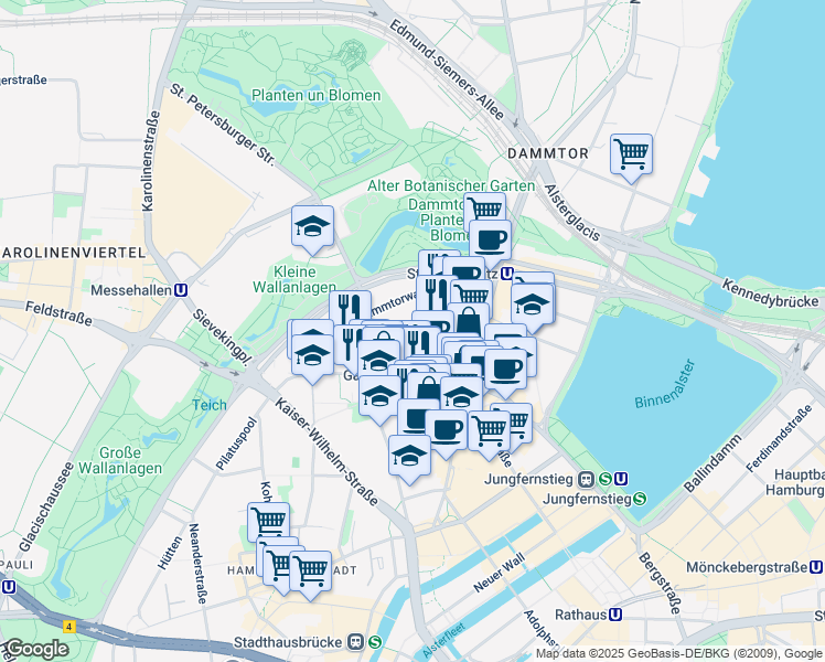 map of restaurants, bars, coffee shops, grocery stores, and more near 47 Drehbahn in Hamburg
