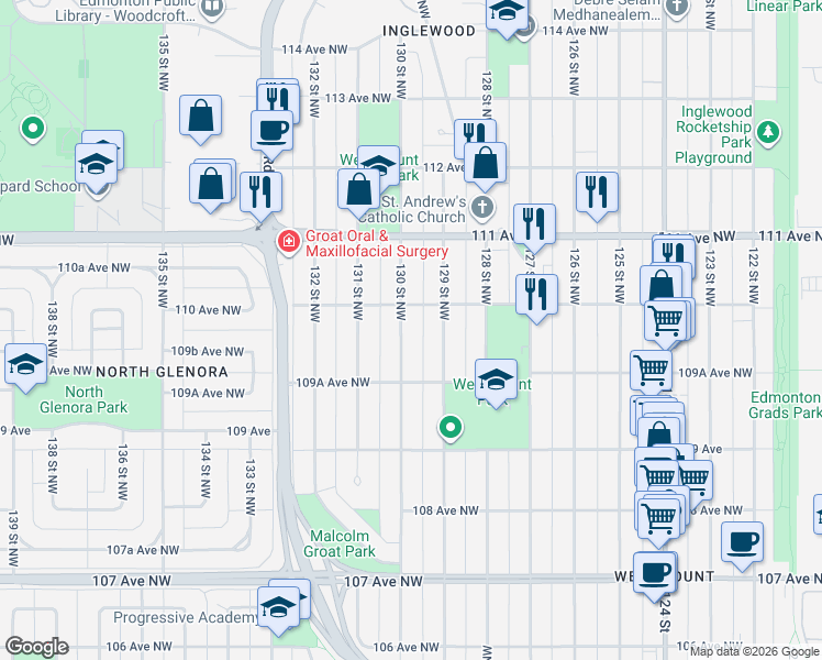 map of restaurants, bars, coffee shops, grocery stores, and more near 10963 130 Street Northwest in Edmonton