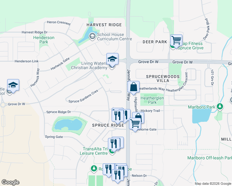 map of restaurants, bars, coffee shops, grocery stores, and more near 300 Spruce Ridge Road in Spruce Grove