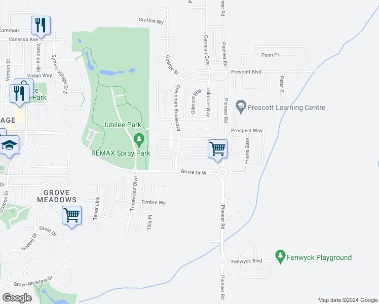 map of restaurants, bars, coffee shops, grocery stores, and more near 12 Greenbury Close in Spruce Grove