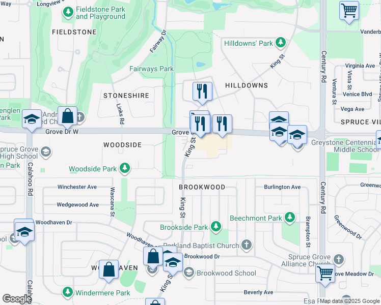 map of restaurants, bars, coffee shops, grocery stores, and more near in Spruce Grove
