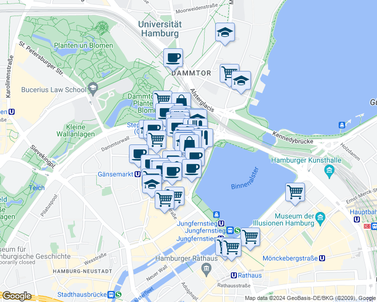 map of restaurants, bars, coffee shops, grocery stores, and more near 42 Große Theaterstraße in Hamburg