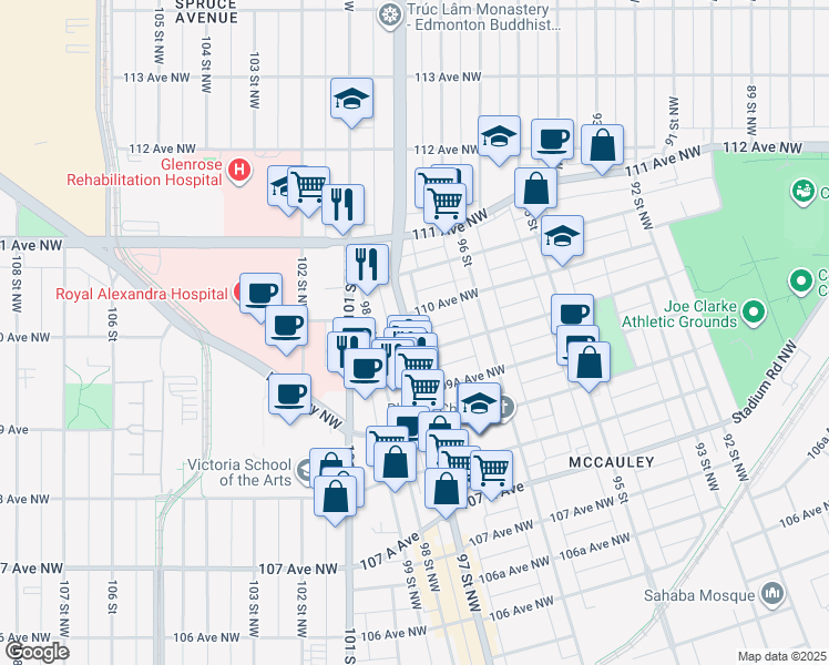 map of restaurants, bars, coffee shops, grocery stores, and more near 10959 97 Street Northwest in Edmonton